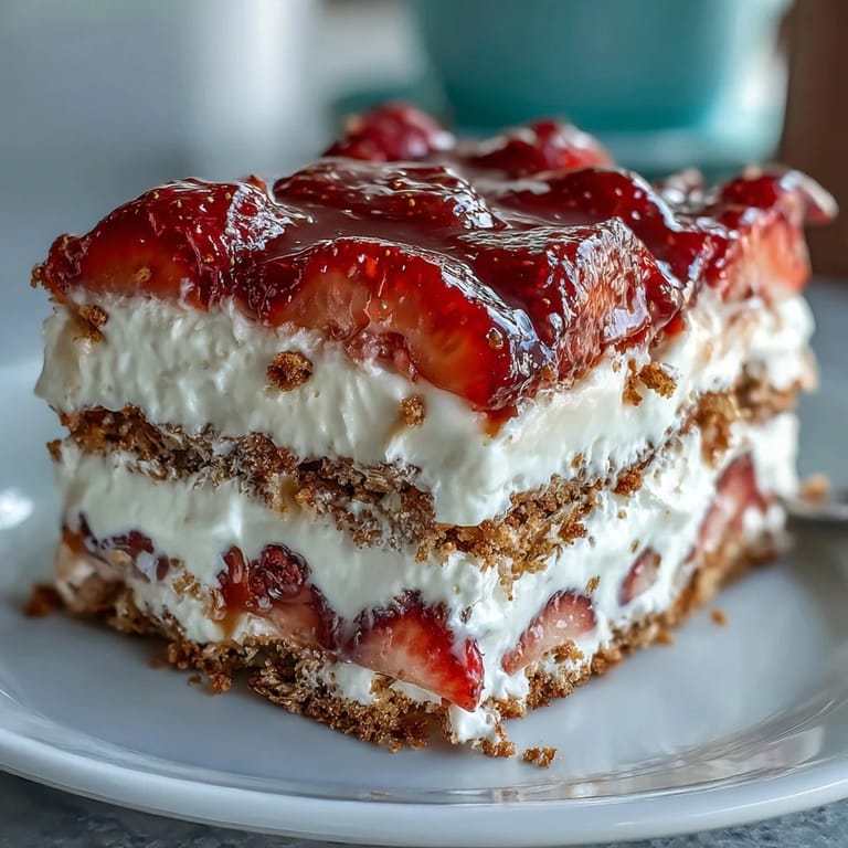 Festive dessert with red strawberries, creamy whipped filling, and graham cracker layers—perfect for summer celebrations.