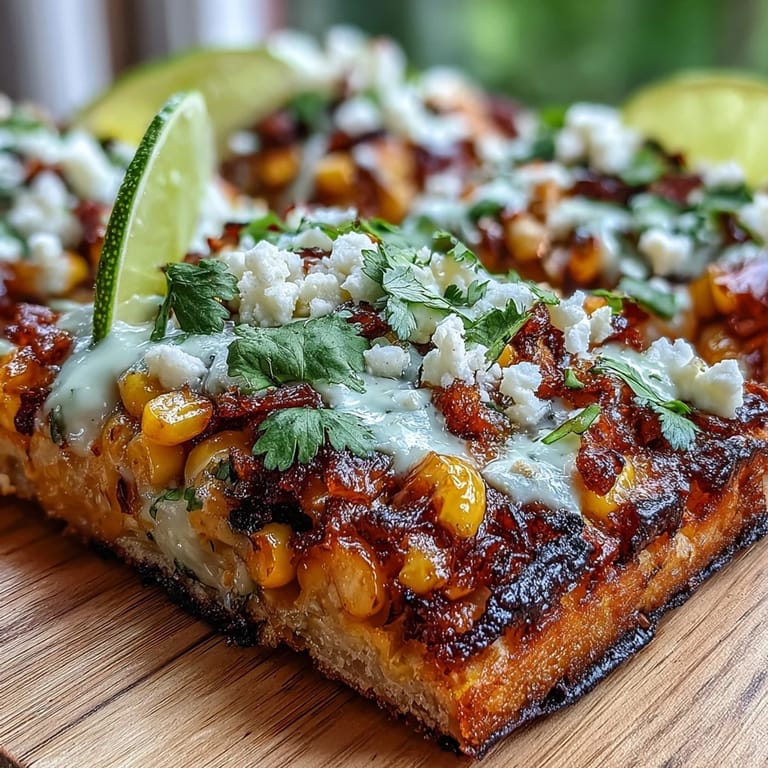 Festive Mexican-inspired flatbread topped with smoky grilled corn, creamy jalapeño sauce, and fresh cilantro garnish.