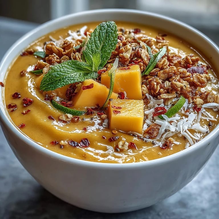 Creamy mango smoothie base with zesty lime and subtle chili heat, garnished with diced mango, chia seeds, and mint leaves.