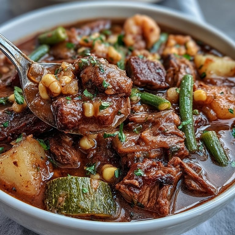 A rustic cast iron pot of Kentucky Derby Burgoo Stew, brimming with savory meats and vibrant seasonal produce.