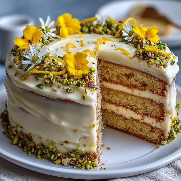 Bright lemon and pistachio flavors shine in this elegant layered cake, featuring moist lemon sponge and a rich, nutty frosting, perfect for a celebratory dessert table.