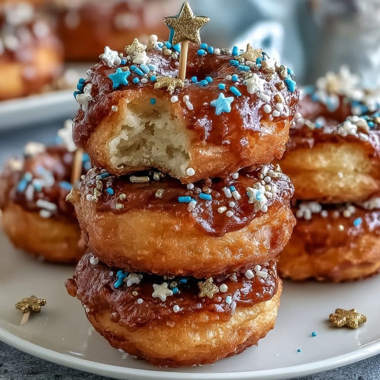 Fluffy mini donuts arranged in a festive cone tower, drizzled with icing and topped with vibrant sprinkles.