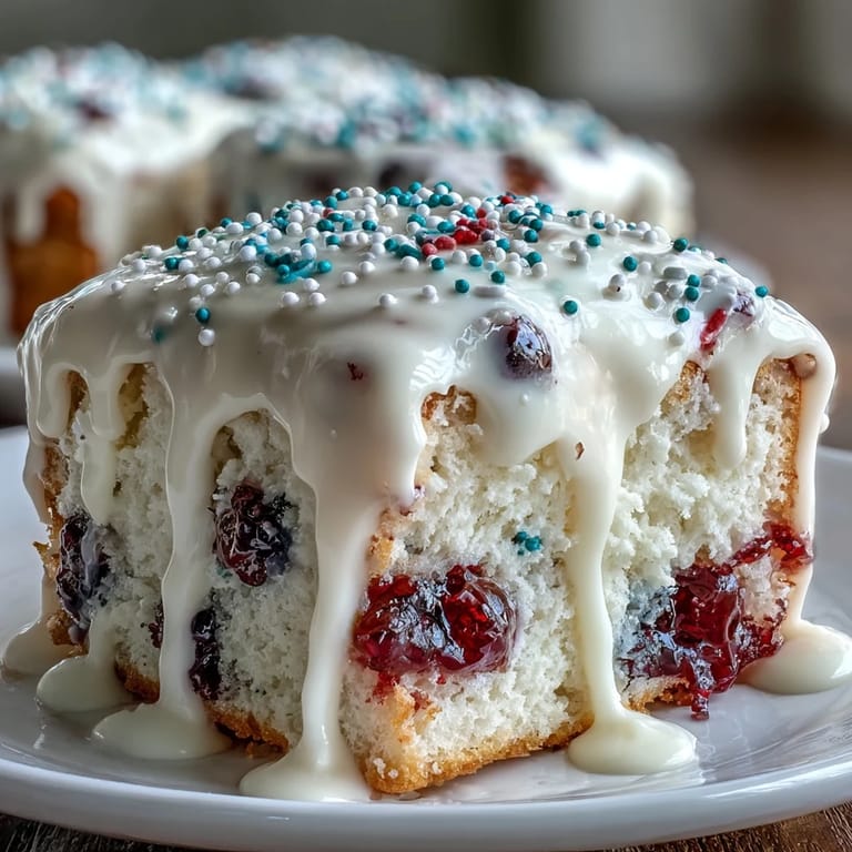 Festive Patriotic Poke Cake showcases vibrant colors, a moist cake, and smooth ganache topping.