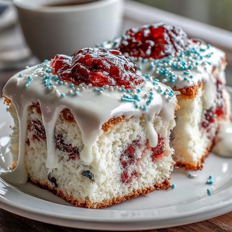Deliciously moist Patriotic Poke Cake bursting with fruity gelatin and sweet white chocolate.