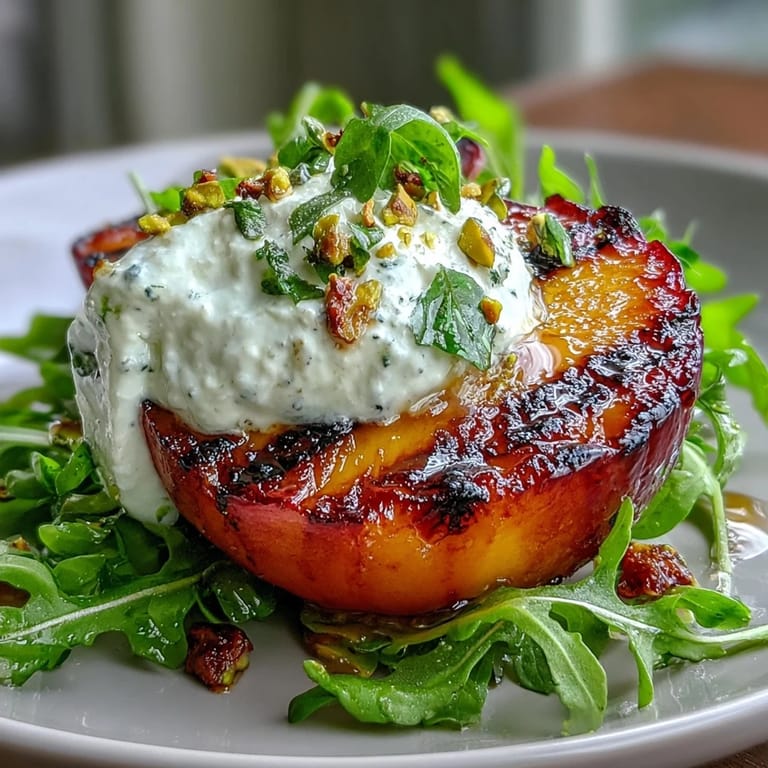 Creamy burrata salad with juicy grilled peaches, drizzled with honey dressing.