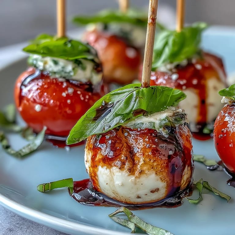 Delicious mini Caprese skewers drizzled beautifully with a sweet balsamic glaze reduction.