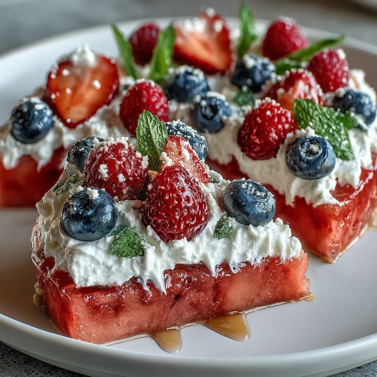 Refreshing summer treat: watermelon pizza with creamy topping and mixed berries.