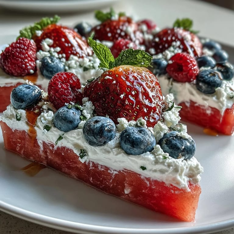 Colorful 4th of July watermelon pizza with fresh berries and sweet cream clouds.