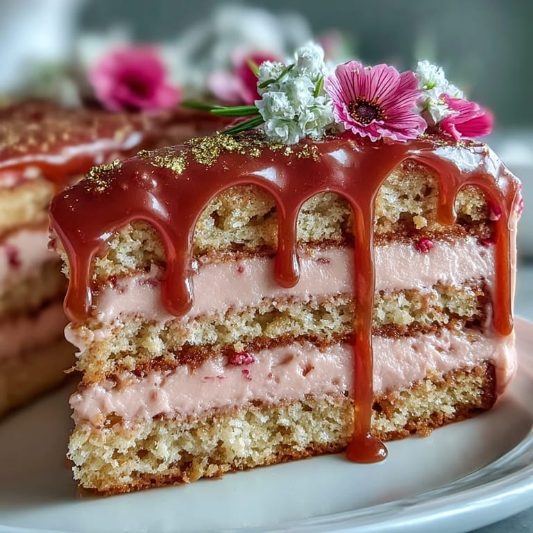 Blush pink Rosé Velvet Cake, beautifully frosted and elegantly drizzled with gold.