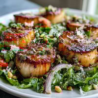 Golden seared scallops rest atop a crisp escarole salad with a drizzle of pesto vinaigrette.