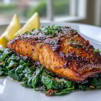 Golden, crispy-skinned air fryer salmon fillets resting on a bed of wilted, garlicky Swiss chard, with lemon wedges ready to squeeze.