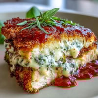 Golden brown breaded chicken breasts topped with vibrant pesto, rich marinara sauce, and melted mozzarella and Parmesan cheese, served hot alongside a side salad.