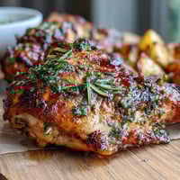 A golden, herb-crusted chicken dinner with roasted carrots, parsnips, and sweet potatoes on a sheet pan.