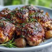 Golden roasted chicken with crispy skin, infused with lemon and herbs, surrounded by tender baby potatoes in a rustic roasting pan.