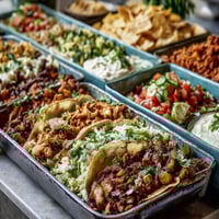 Cinco de Mayo taco bar spread with colorful toppings, sizzling proteins, and warm tortillas ready for guests to build their own tacos.