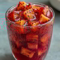 Vibrant mango dragonfruit refresher with fresh tropical fruit and citrus over ice, perfect for a hot summer day.