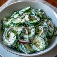 Creamy cucumber salad with dill and Greek yogurt in a white bowl, garnished with fresh dill sprigs.