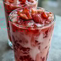 Vibrant pink berry refresher with fresh strawberry slices and creamy coconut milk, inspired by the classic Pink Starburst candy.