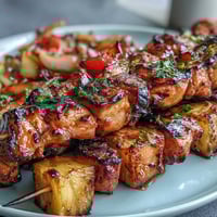 Grilled pineapple chicken skewers feature juicy marinated chicken and sweet pineapple chunks sizzling on the grill.