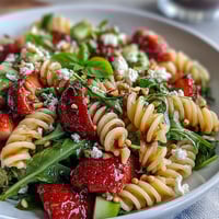 Spring Pasta Salad with Strawberries, Feta, and Arugula: colorful fusilli tossed with fresh strawberries, arugula, and creamy feta in a tangy balsamic dressing.