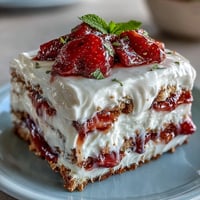 A vibrant no-bake icebox cake layered with whipped cream, graham crackers, and fresh strawberries for Memorial Day.