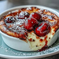 Fresh cherry clafoutis with vanilla bean custard, golden edges and dusted with powdered sugar.  