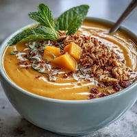 Vibrant mango chili lime smoothie bowl topped with fresh kiwi, granola, and coconut shreds for a tropical breakfast treat.