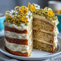 A stunning lemon pistachio layered cake with zesty lemon sponge and creamy frosting, decorated with chopped pistachios and lemon zest for a festive spring birthday.