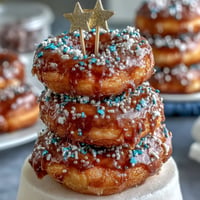 A colorful donut tower stacked high with glazed mini donuts and rainbow sprinkles for graduation celebrations.