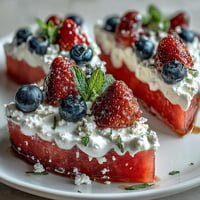 Festive 4th of July watermelon pizza topped with vibrant berries and fluffy cream.