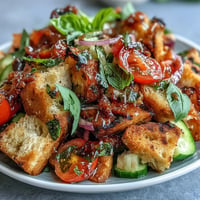 Summer Panzanella with grilled bread boasts vibrant tomatoes and fresh basil.